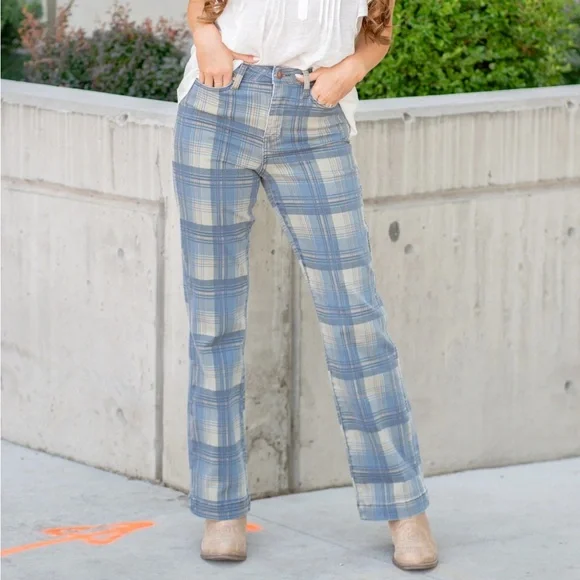 Judy Blue Plus Size Plaid High Waist Straight Leg Jeans 22W Blue & Tan Plain New - Picture 12 of 14